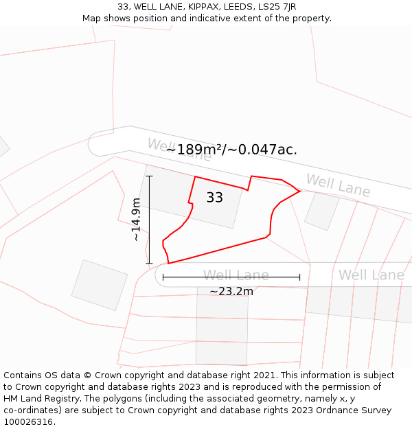 33, WELL LANE, KIPPAX, LEEDS, LS25 7JR: Plot and title map