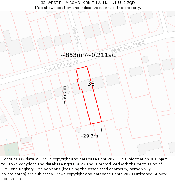 33, WEST ELLA ROAD, KIRK ELLA, HULL, HU10 7QD: Plot and title map