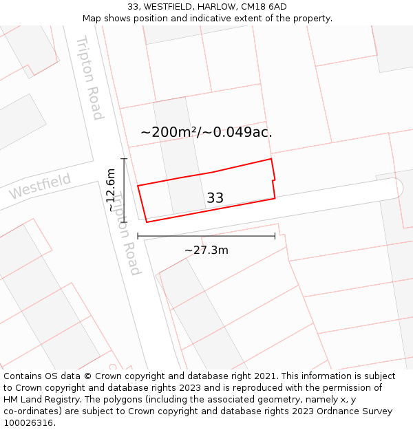 33, WESTFIELD, HARLOW, CM18 6AD: Plot and title map