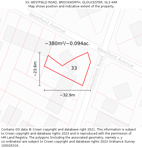 33, WESTFIELD ROAD, BROCKWORTH, GLOUCESTER, GL3 4AR: Plot and title map