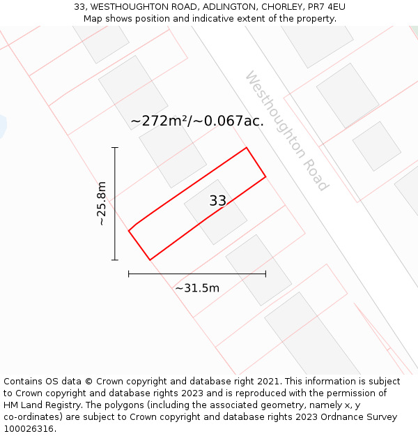 33, WESTHOUGHTON ROAD, ADLINGTON, CHORLEY, PR7 4EU: Plot and title map