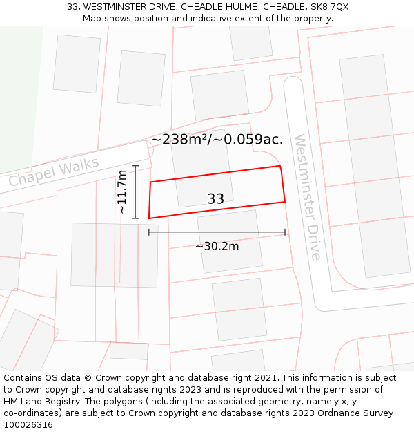 33, WESTMINSTER DRIVE, CHEADLE HULME, CHEADLE, SK8 7QX: Plot and title map