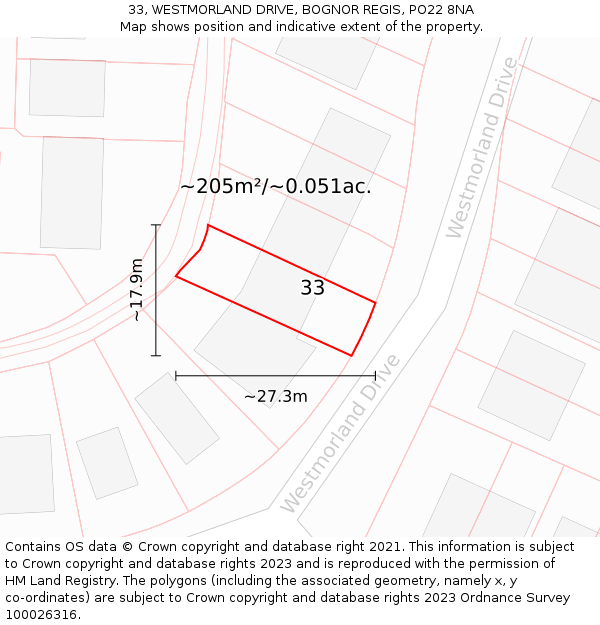 33, WESTMORLAND DRIVE, BOGNOR REGIS, PO22 8NA: Plot and title map