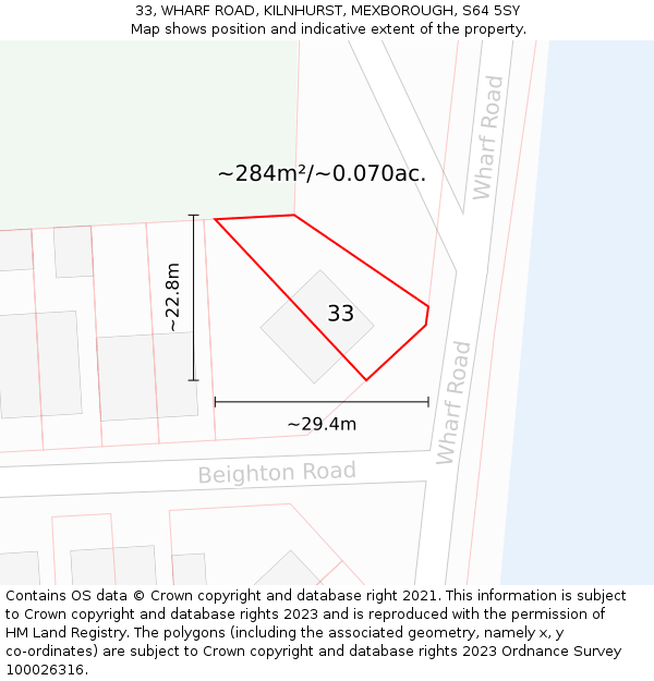 33, WHARF ROAD, KILNHURST, MEXBOROUGH, S64 5SY: Plot and title map