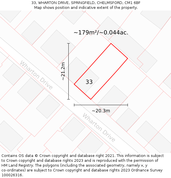 33, WHARTON DRIVE, SPRINGFIELD, CHELMSFORD, CM1 6BF: Plot and title map