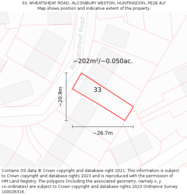 33, WHEATSHEAF ROAD, ALCONBURY WESTON, HUNTINGDON, PE28 4LF: Plot and title map