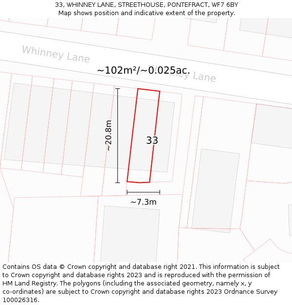 33, WHINNEY LANE, STREETHOUSE, PONTEFRACT, WF7 6BY: Plot and title map