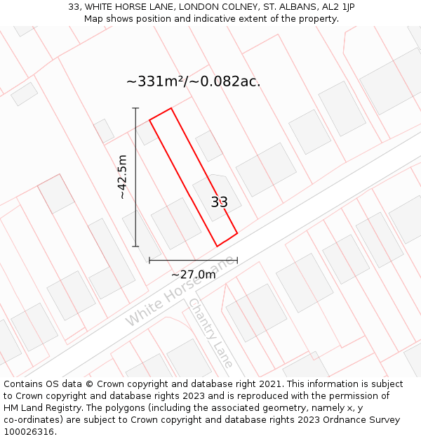 33, WHITE HORSE LANE, LONDON COLNEY, ST. ALBANS, AL2 1JP: Plot and title map