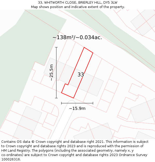 33, WHITWORTH CLOSE, BRIERLEY HILL, DY5 3LW: Plot and title map