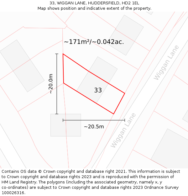 33, WIGGAN LANE, HUDDERSFIELD, HD2 1EL: Plot and title map