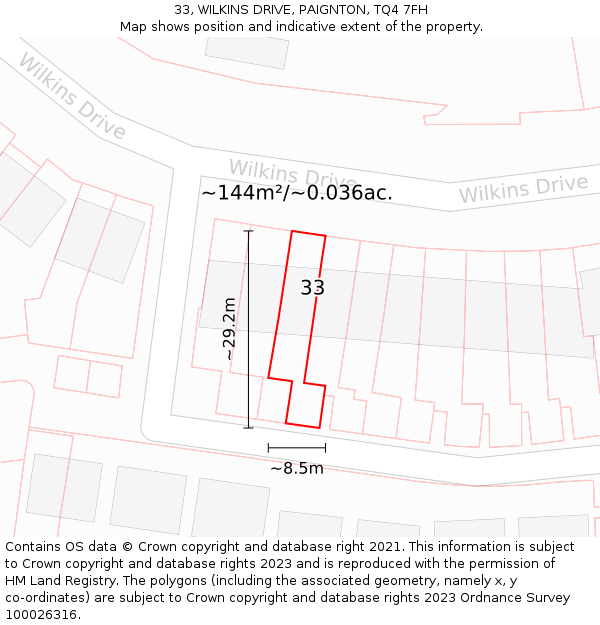 33, WILKINS DRIVE, PAIGNTON, TQ4 7FH: Plot and title map