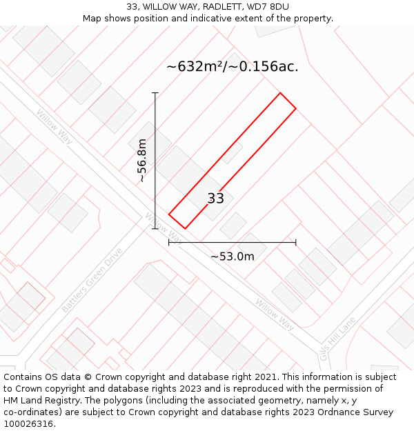 33, WILLOW WAY, RADLETT, WD7 8DU: Plot and title map