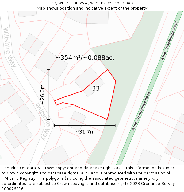 33, WILTSHIRE WAY, WESTBURY, BA13 3XD: Plot and title map