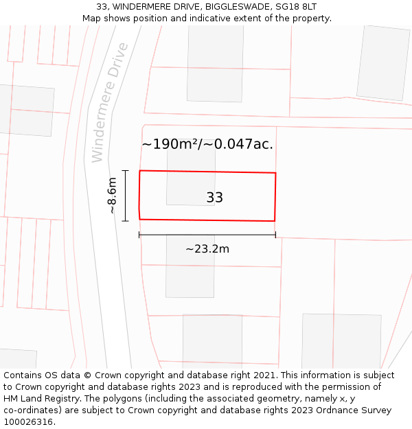 33, WINDERMERE DRIVE, BIGGLESWADE, SG18 8LT: Plot and title map