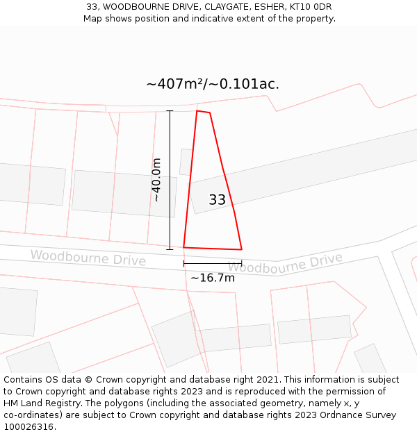 33, WOODBOURNE DRIVE, CLAYGATE, ESHER, KT10 0DR: Plot and title map