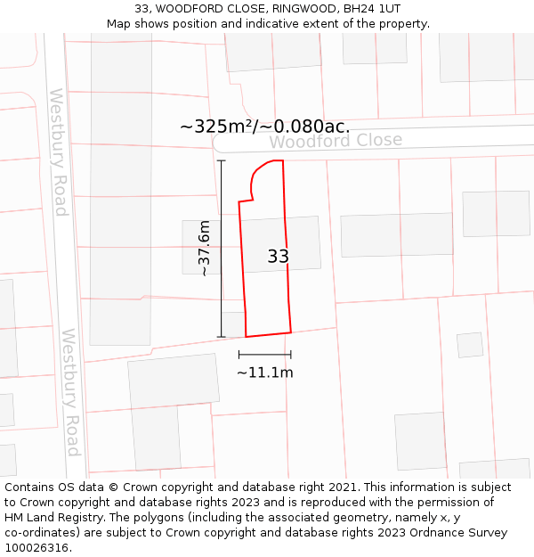 33, WOODFORD CLOSE, RINGWOOD, BH24 1UT: Plot and title map