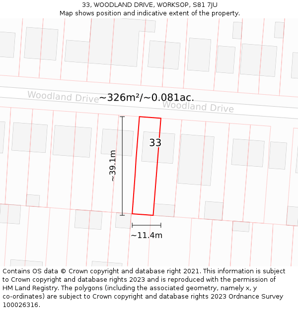 33, WOODLAND DRIVE, WORKSOP, S81 7JU: Plot and title map