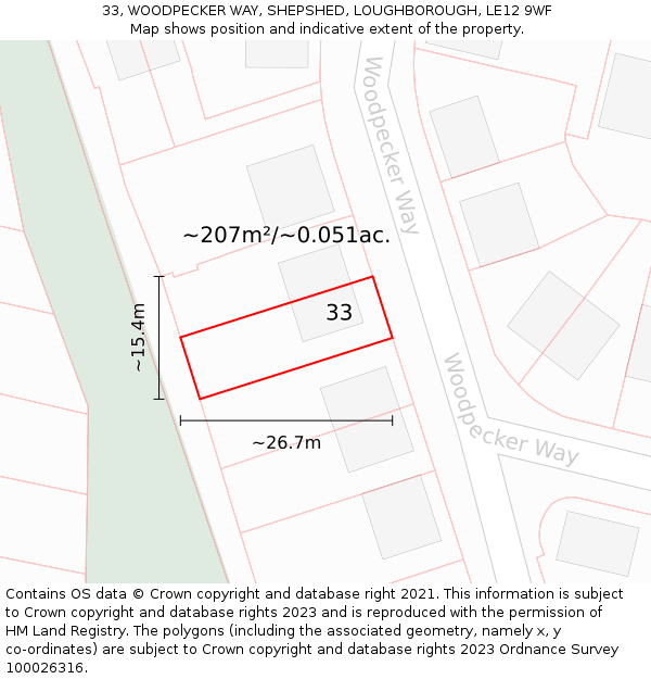 33, WOODPECKER WAY, SHEPSHED, LOUGHBOROUGH, LE12 9WF: Plot and title map
