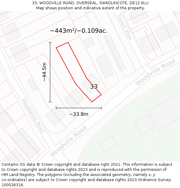 33, WOODVILLE ROAD, OVERSEAL, SWADLINCOTE, DE12 6LU: Plot and title map