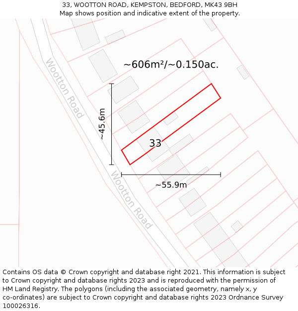 33, WOOTTON ROAD, KEMPSTON, BEDFORD, MK43 9BH: Plot and title map