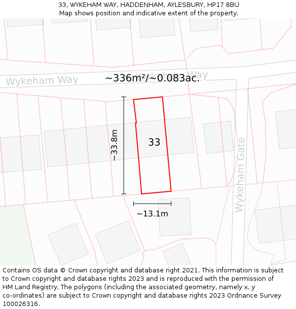 33, WYKEHAM WAY, HADDENHAM, AYLESBURY, HP17 8BU: Plot and title map