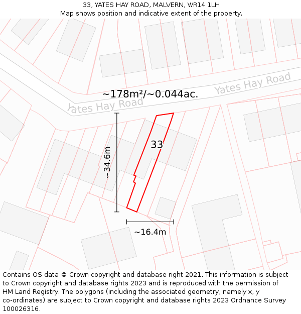 33, YATES HAY ROAD, MALVERN, WR14 1LH: Plot and title map