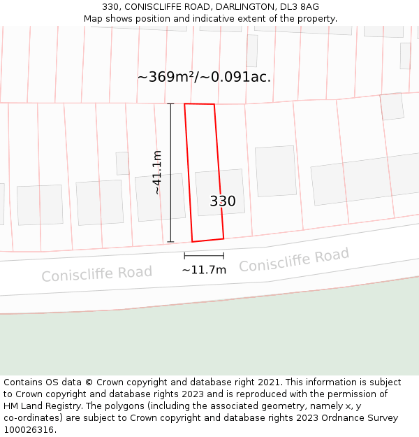 330, CONISCLIFFE ROAD, DARLINGTON, DL3 8AG: Plot and title map