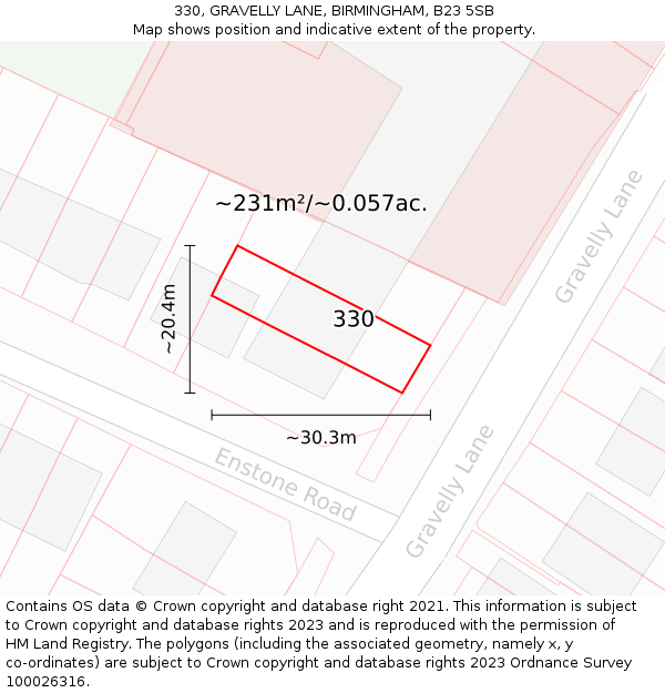 330, GRAVELLY LANE, BIRMINGHAM, B23 5SB: Plot and title map