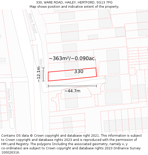 330, WARE ROAD, HAILEY, HERTFORD, SG13 7PG: Plot and title map