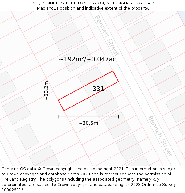 331, BENNETT STREET, LONG EATON, NOTTINGHAM, NG10 4JB: Plot and title map