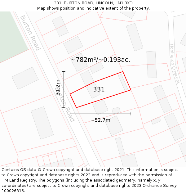 331, BURTON ROAD, LINCOLN, LN1 3XD: Plot and title map