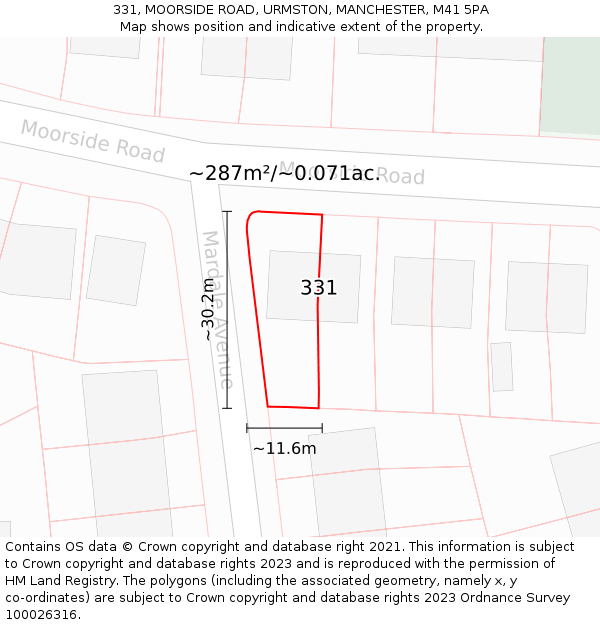 331, MOORSIDE ROAD, URMSTON, MANCHESTER, M41 5PA: Plot and title map