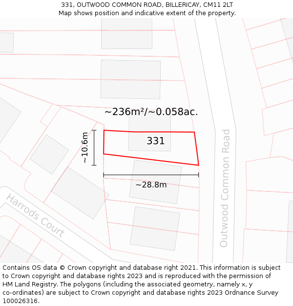 331, OUTWOOD COMMON ROAD, BILLERICAY, CM11 2LT: Plot and title map