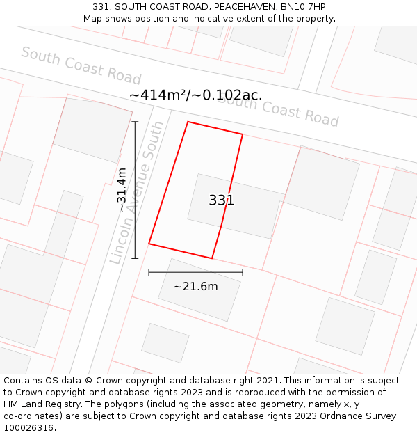 331, SOUTH COAST ROAD, PEACEHAVEN, BN10 7HP: Plot and title map