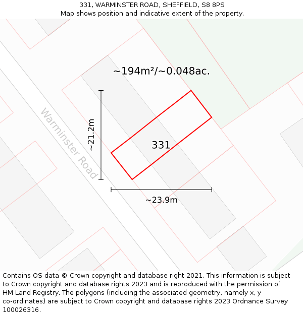 331, WARMINSTER ROAD, SHEFFIELD, S8 8PS: Plot and title map