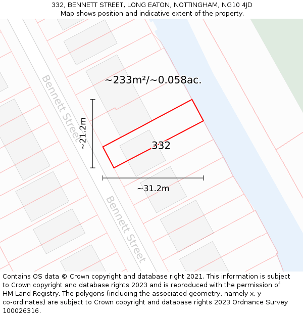 332, BENNETT STREET, LONG EATON, NOTTINGHAM, NG10 4JD: Plot and title map