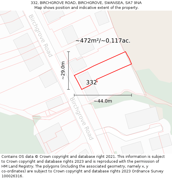 332, BIRCHGROVE ROAD, BIRCHGROVE, SWANSEA, SA7 9NA: Plot and title map