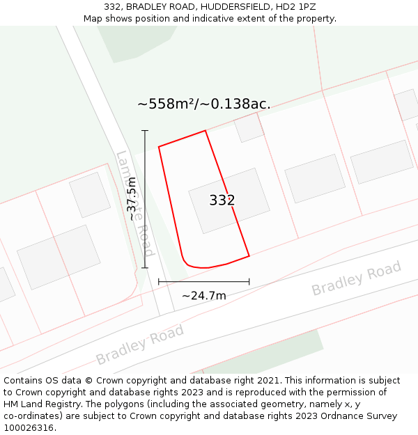 332, BRADLEY ROAD, HUDDERSFIELD, HD2 1PZ: Plot and title map