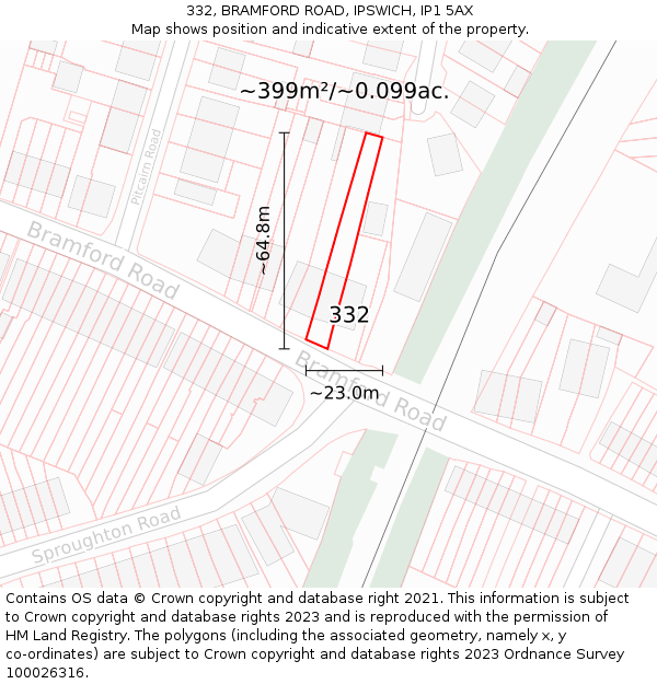 332, BRAMFORD ROAD, IPSWICH, IP1 5AX: Plot and title map