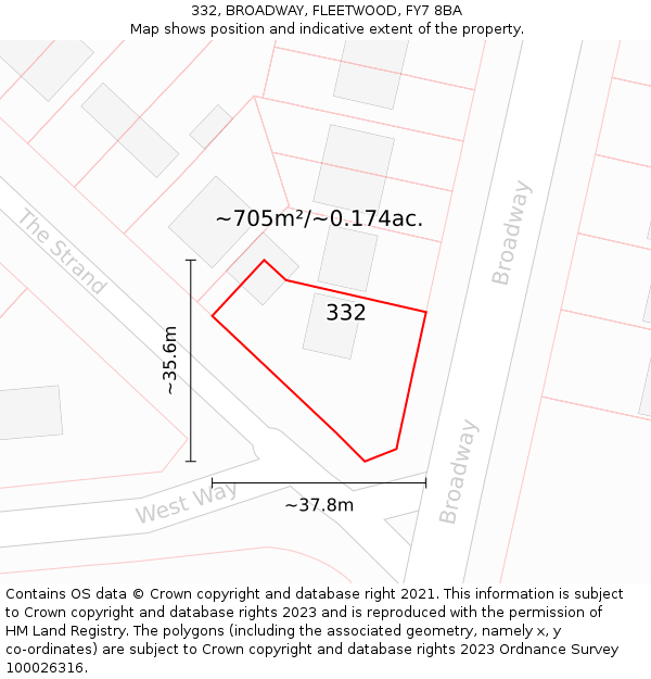 332, BROADWAY, FLEETWOOD, FY7 8BA: Plot and title map