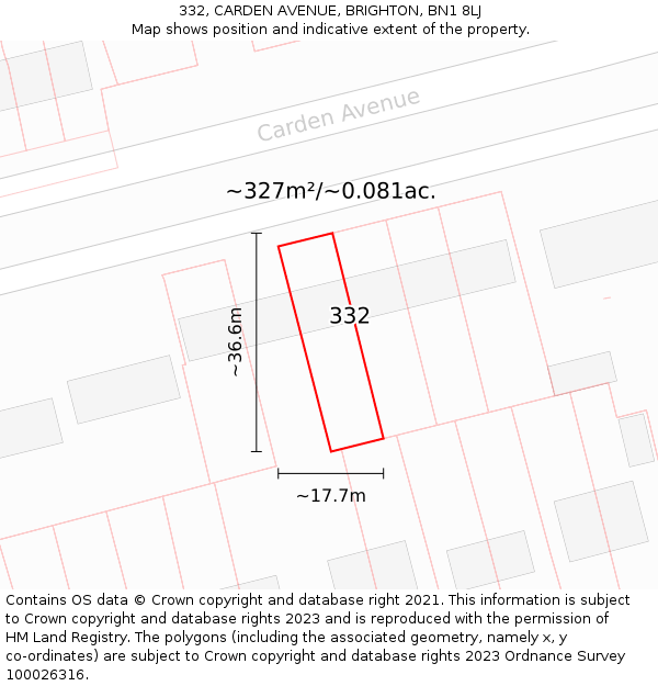 332, CARDEN AVENUE, BRIGHTON, BN1 8LJ: Plot and title map