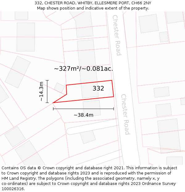 332, CHESTER ROAD, WHITBY, ELLESMERE PORT, CH66 2NY: Plot and title map