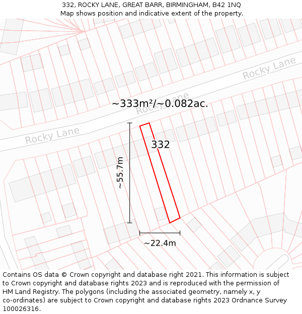 332, ROCKY LANE, GREAT BARR, BIRMINGHAM, B42 1NQ: Plot and title map