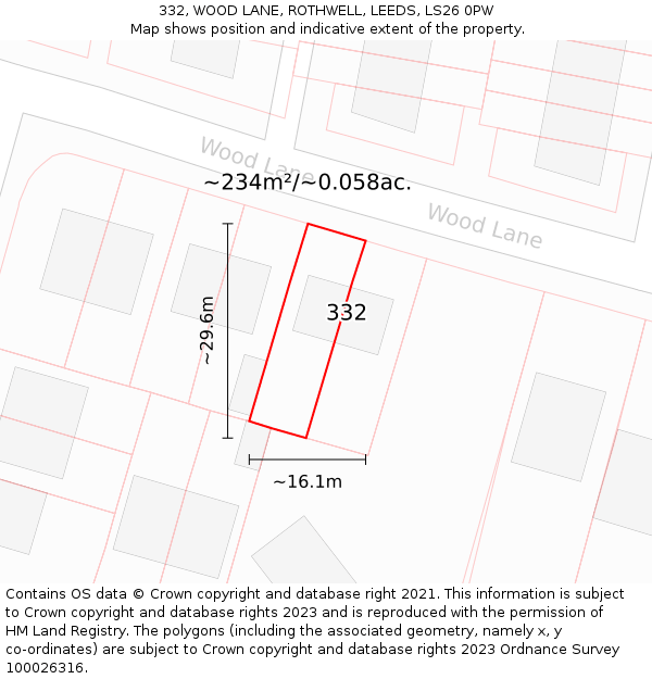 332, WOOD LANE, ROTHWELL, LEEDS, LS26 0PW: Plot and title map