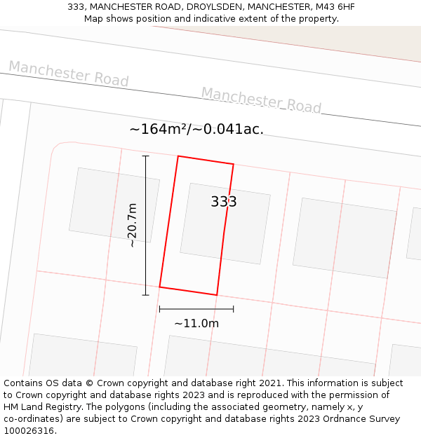 333, MANCHESTER ROAD, DROYLSDEN, MANCHESTER, M43 6HF: Plot and title map