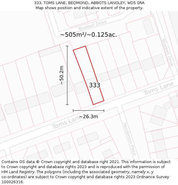 333, TOMS LANE, BEDMOND, ABBOTS LANGLEY, WD5 0RA: Plot and title map