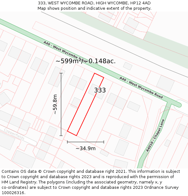 333, WEST WYCOMBE ROAD, HIGH WYCOMBE, HP12 4AD: Plot and title map