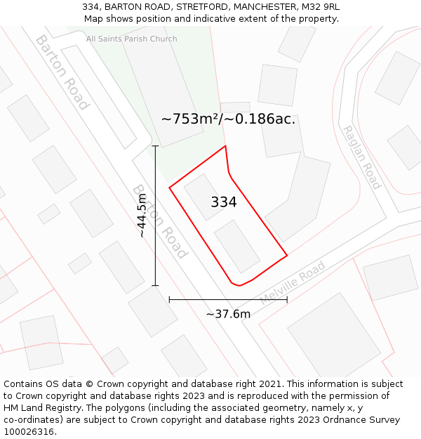 334, BARTON ROAD, STRETFORD, MANCHESTER, M32 9RL: Plot and title map