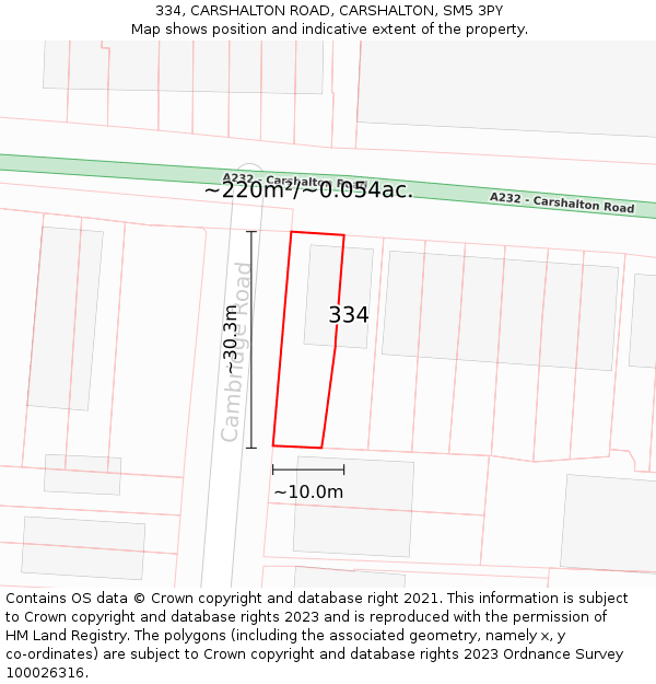 334, CARSHALTON ROAD, CARSHALTON, SM5 3PY: Plot and title map