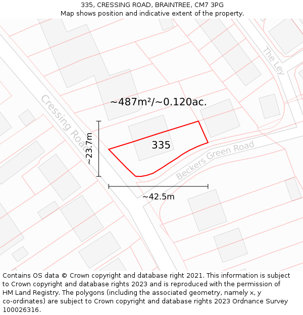 335, CRESSING ROAD, BRAINTREE, CM7 3PG: Plot and title map